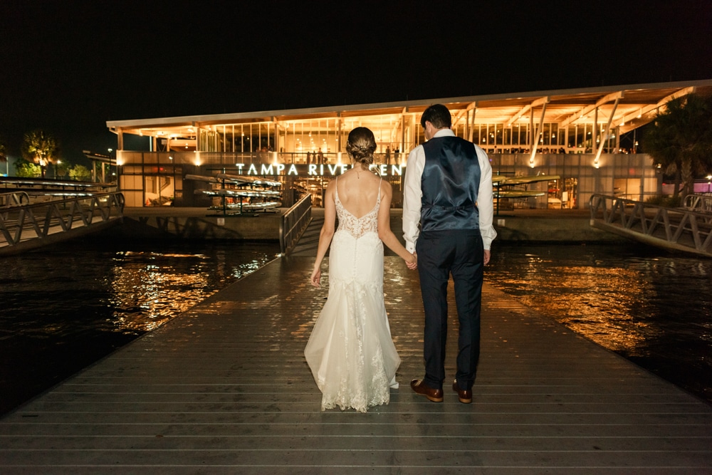 Bride and Groom at Tampa River Center at night 